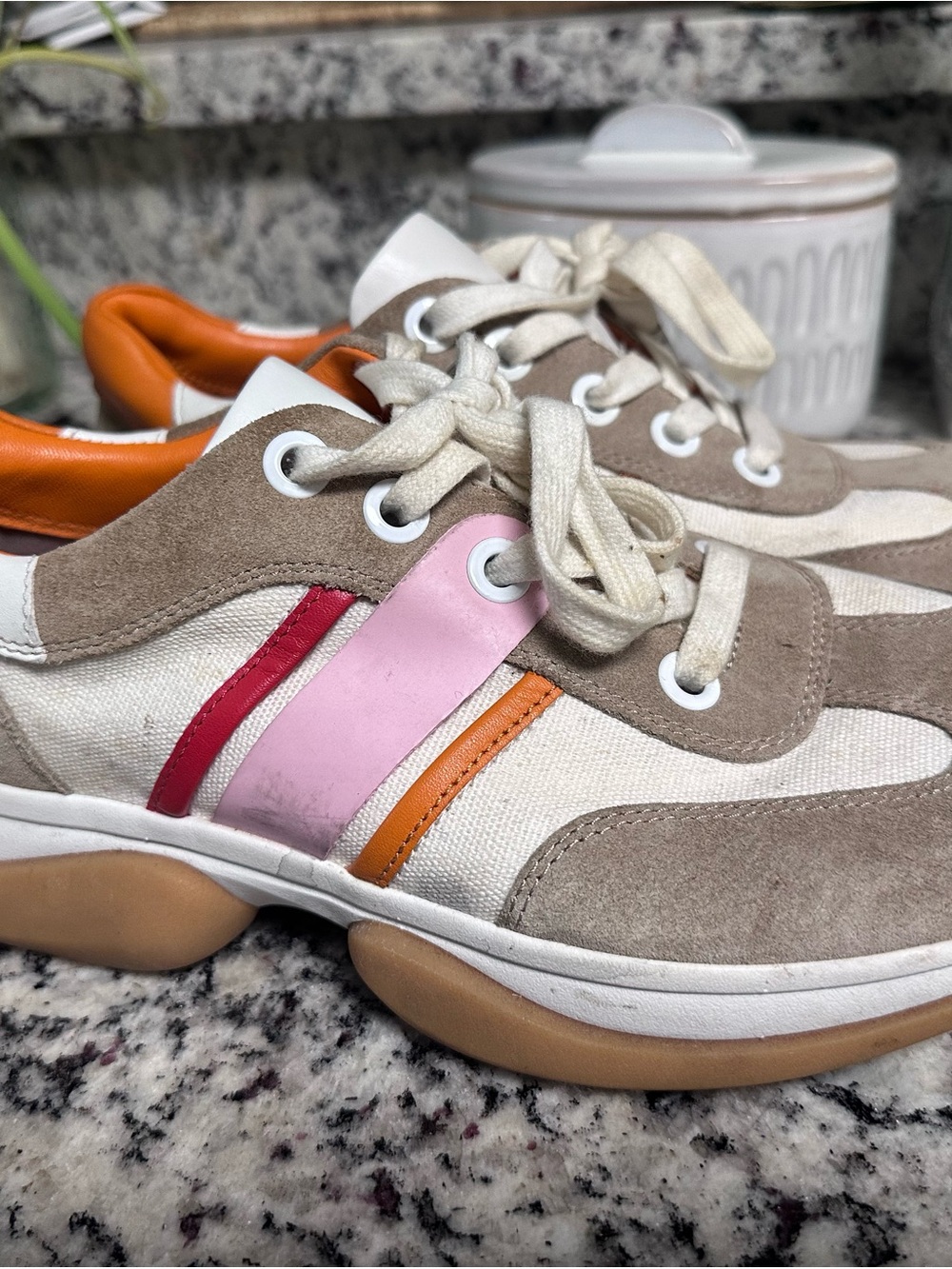 Tory Sport Beige Suede & Canvas Sneakers with Pink, Red, and Orange Accents